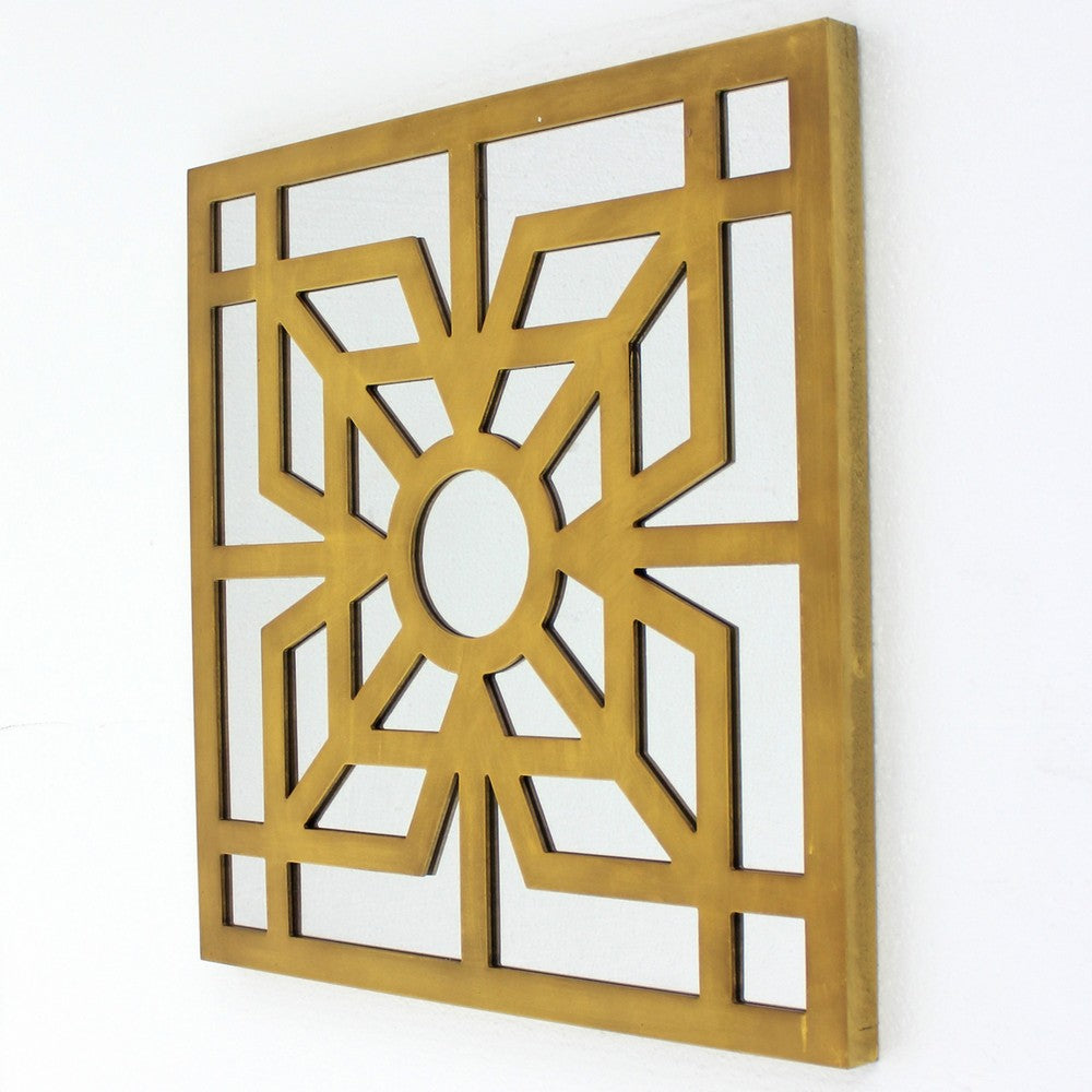 Mirrored Wall Decor with Wooden Floral Overlay on Top, Gold and Silver