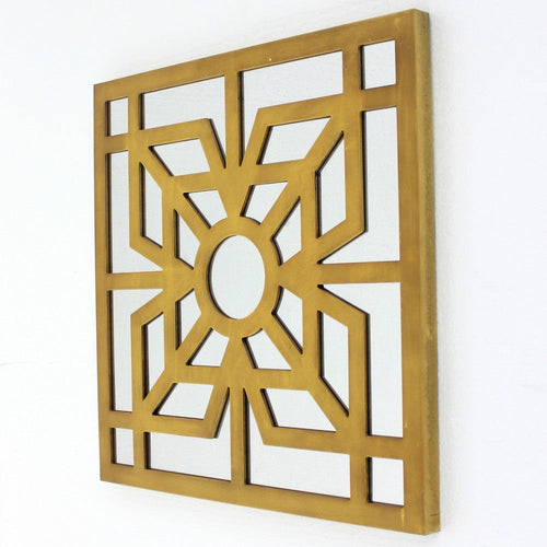 Mirrored Wall Decor with Wooden Floral Overlay on Top, Gold and Silver