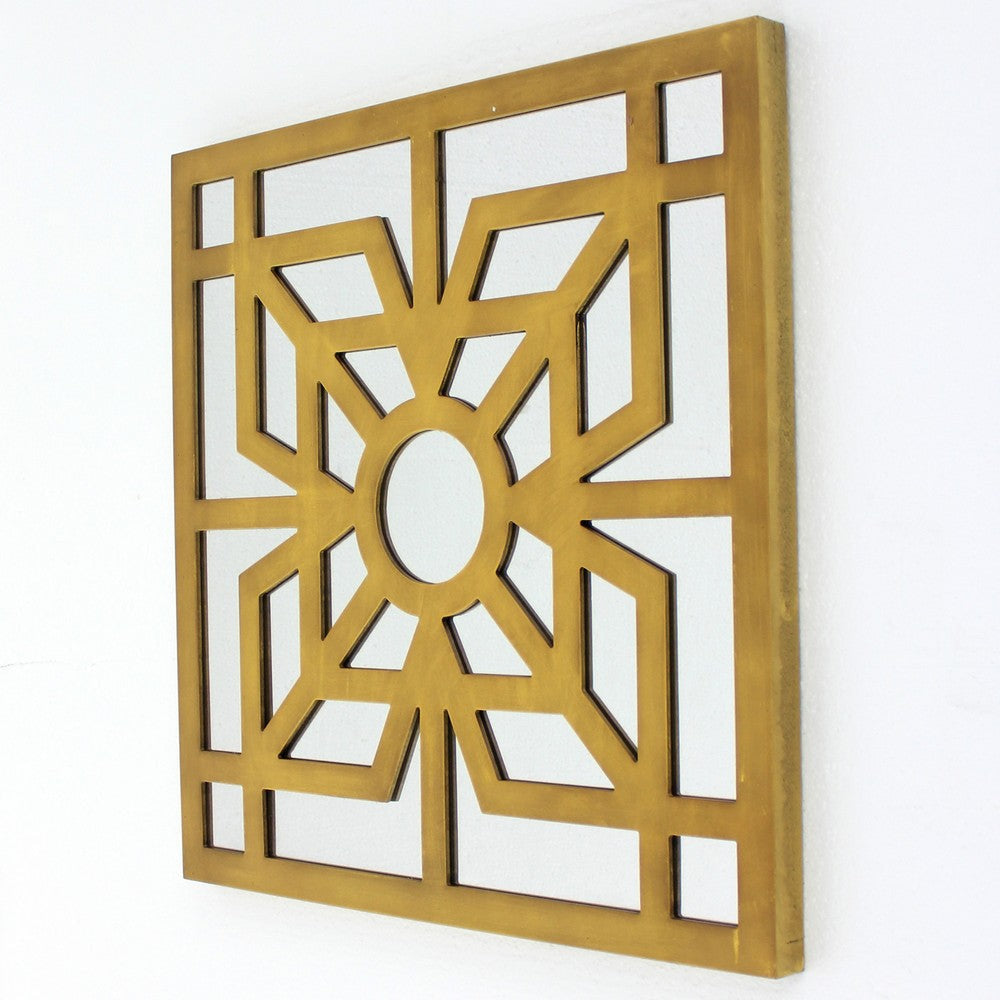 Mirrored Wall Decor with Wooden Floral Overlay on Top, Gold and Silver