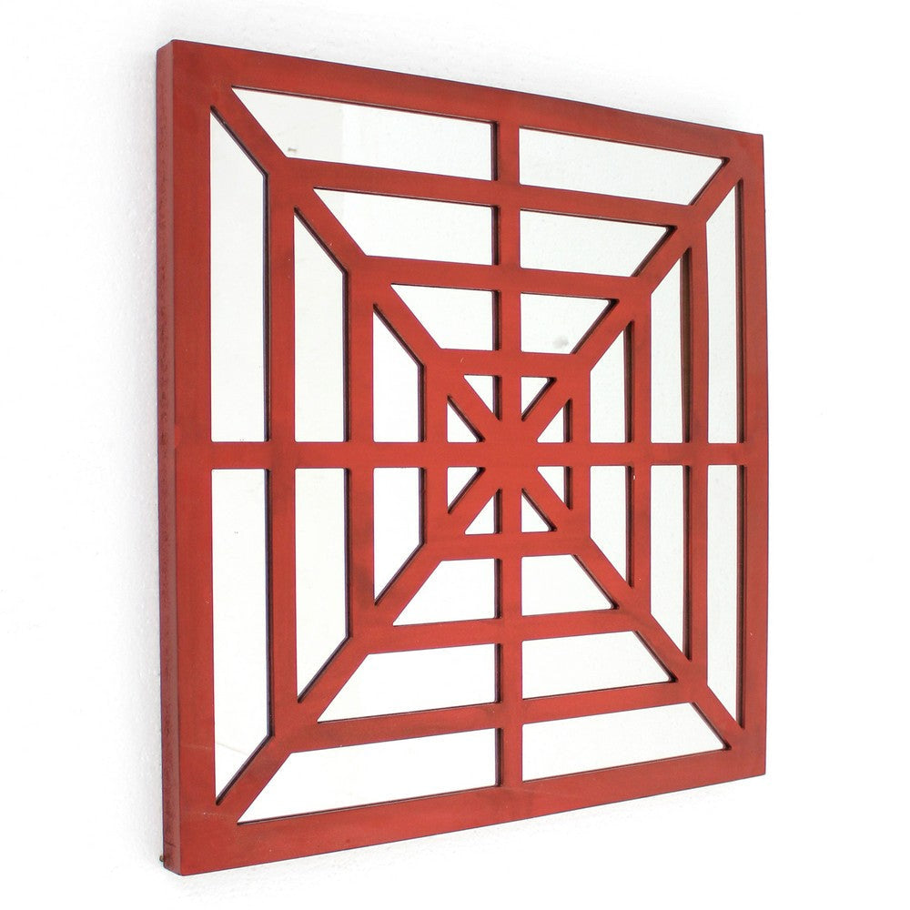 Wooden Wall Decor with Concentric Square Design on Top, Red and Silver