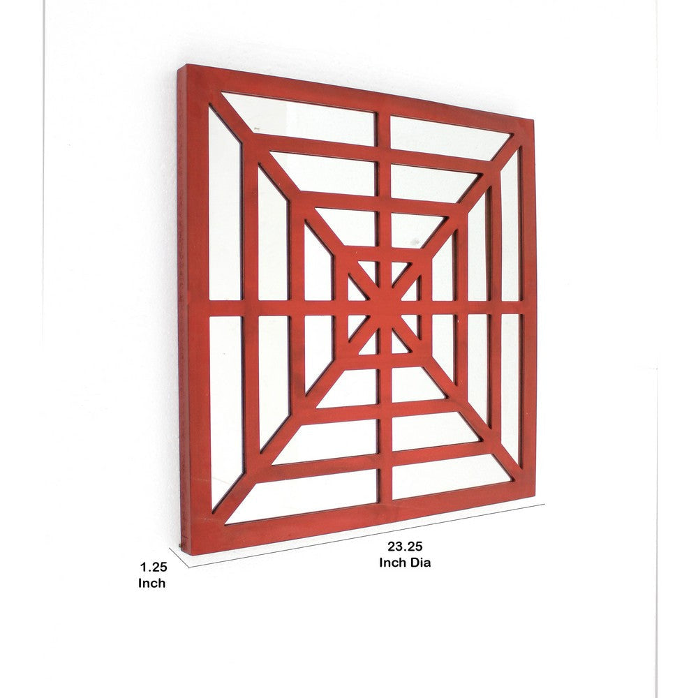 Wooden Wall Decor with Concentric Square Design on Top Red and Silver BM211074