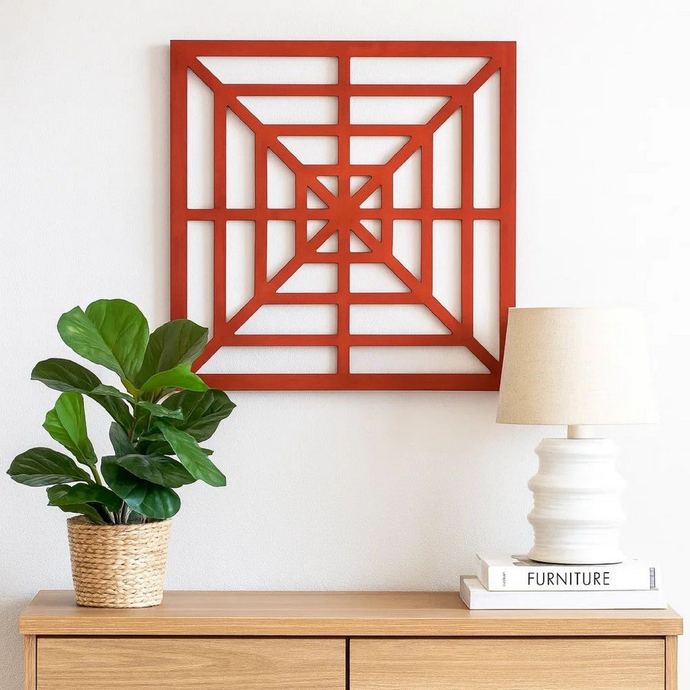 Wooden Wall Decor with Concentric Square Design on Top, Red and Silver