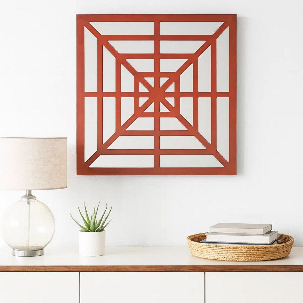 Wooden Wall Decor with Concentric Square Design on Top, Red and Silver
