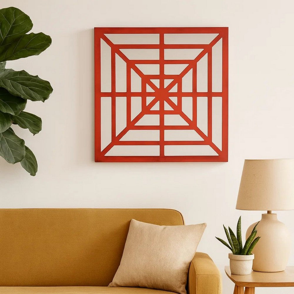 Wooden Wall Decor with Concentric Square Design on Top, Red and Silver
