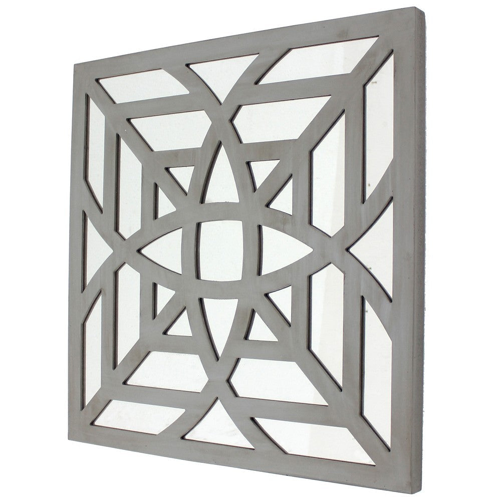 23 x 23 Mirrored Wall Decor with Geometric Wood Cut Out, Gray