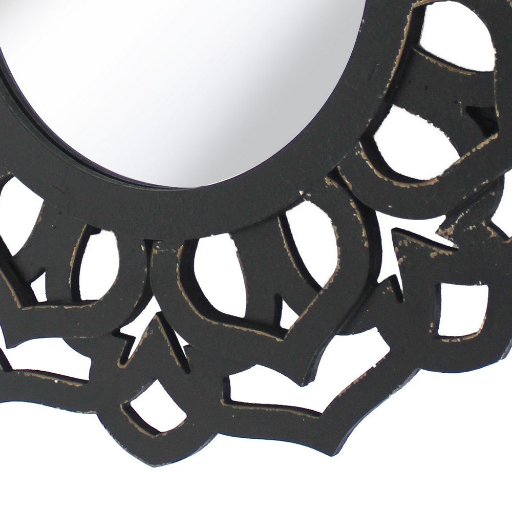 Wooden Mirror Blooming Lotus Wall Decor with Floral Engraving Black BM211081