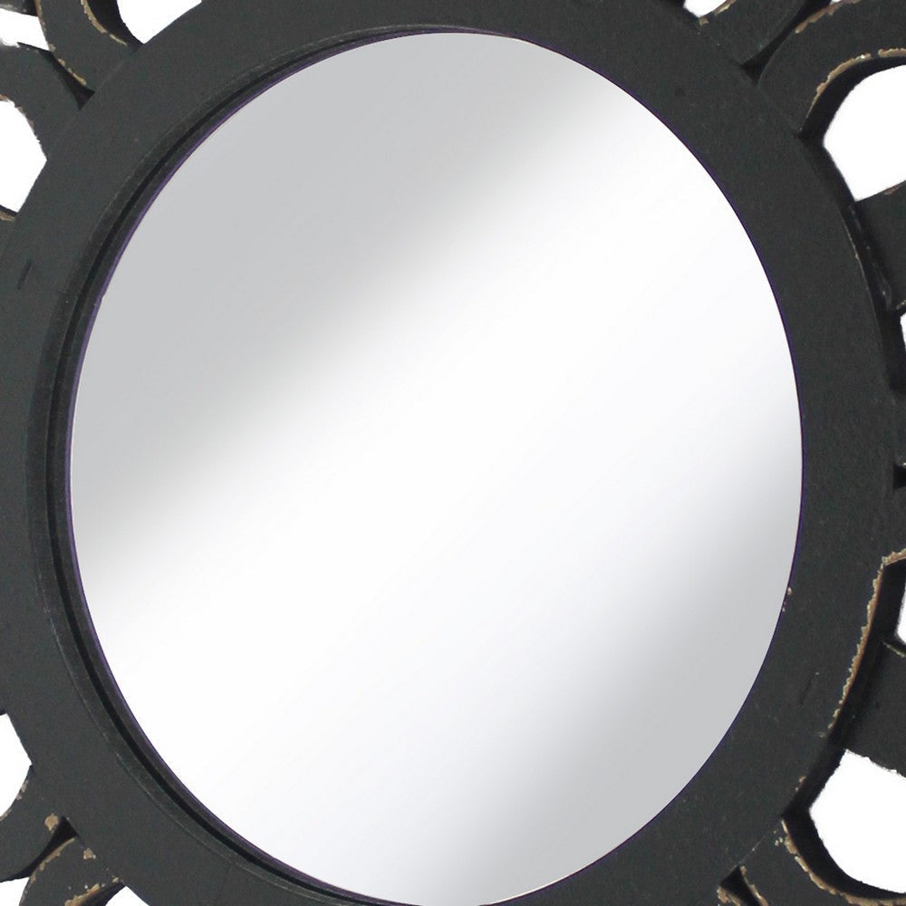 Wooden Mirror Blooming Lotus Wall Decor with Floral Engraving Black BM211081