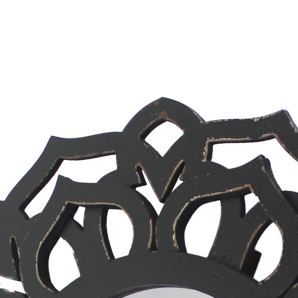 Wooden Mirror Blooming Lotus Wall Decor with Floral Engraving Black BM211081