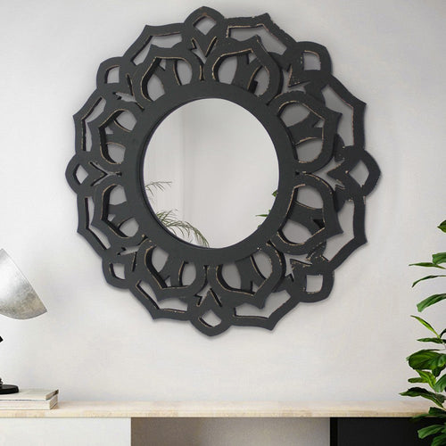 Wooden Mirror Blooming Lotus Wall Decor with Floral Engraving, Black