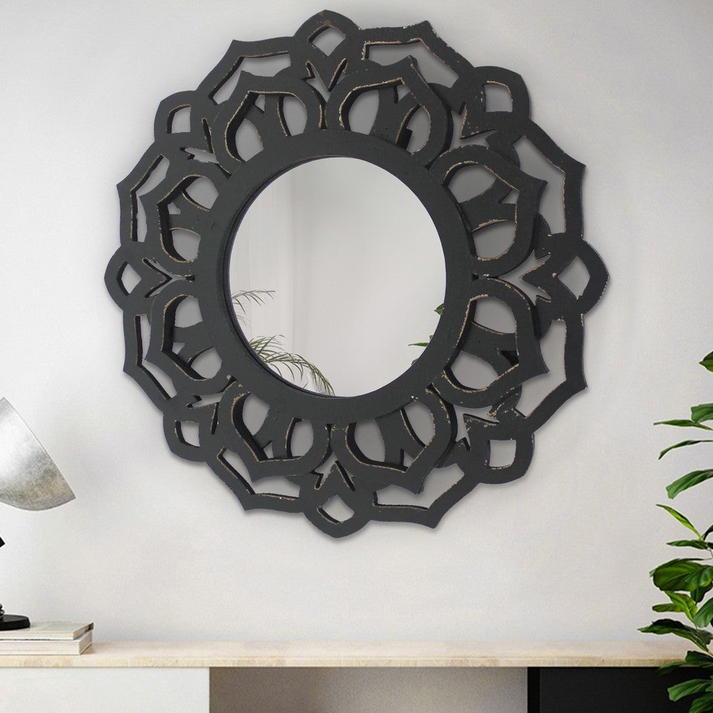 Wooden Mirror Blooming Lotus Wall Decor with Floral Engraving, Black