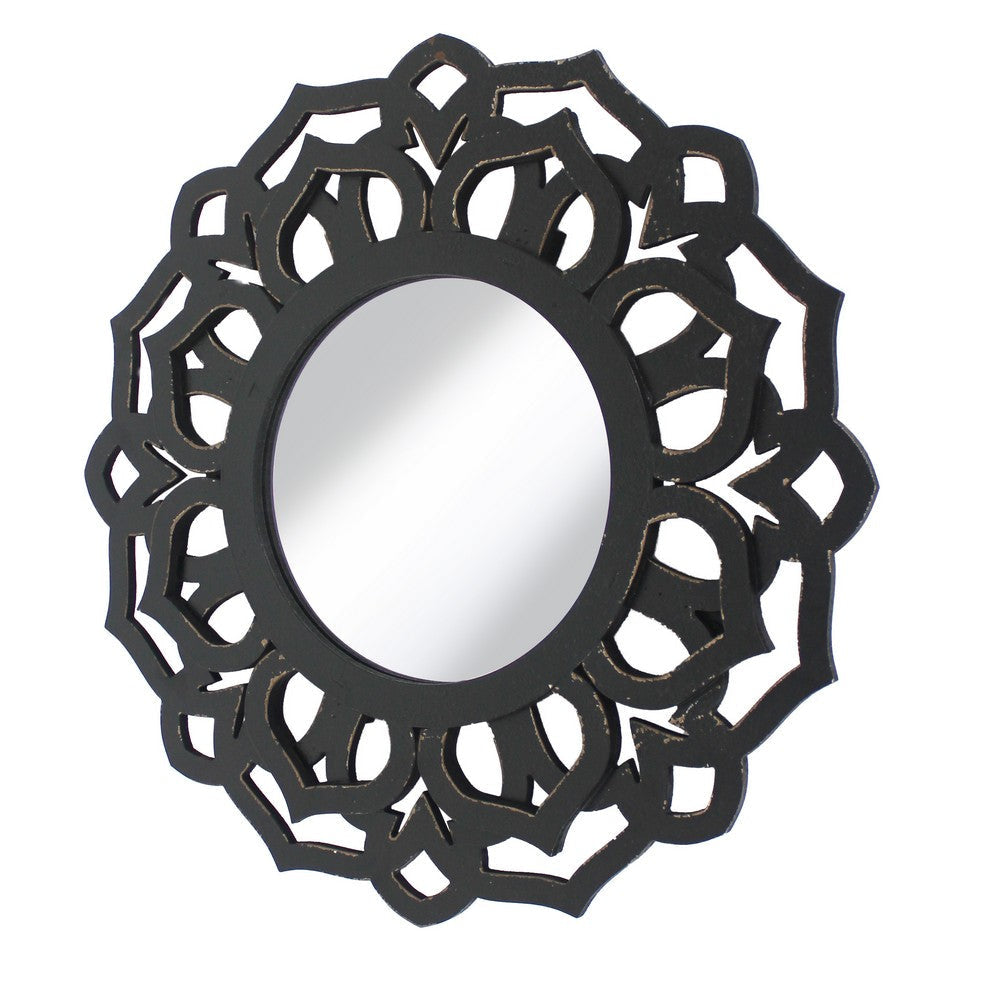 Wooden Mirror Blooming Lotus Wall Decor with Floral Engraving, Black