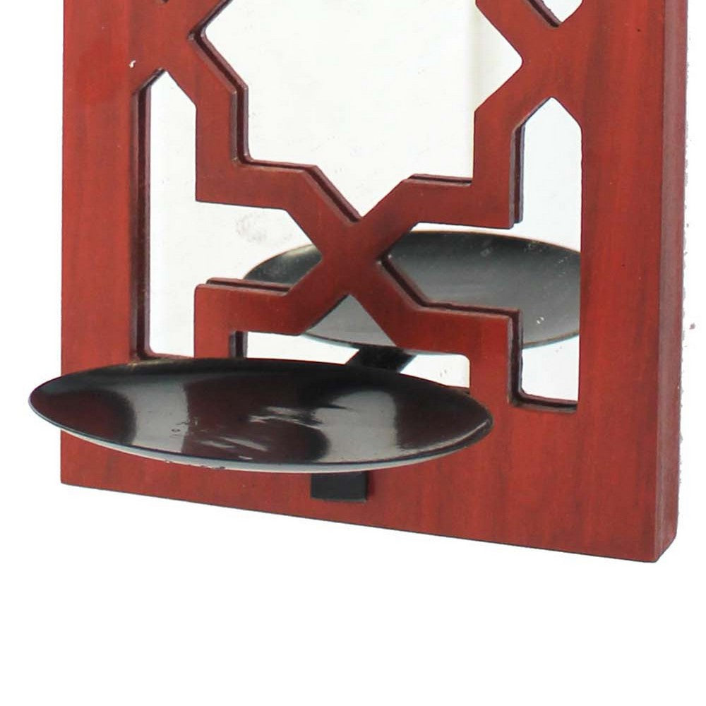 17 Inch Mirrored Wall Art, Candle Holder Sconce, Lattice Design, Red
