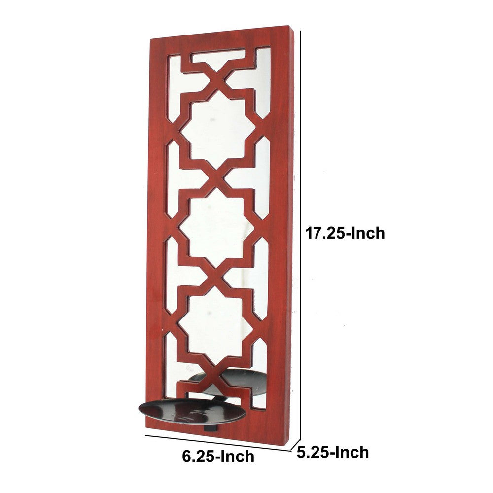 17 Inch Mirrored Wall Art, Candle Holder Sconce, Lattice Design, Red