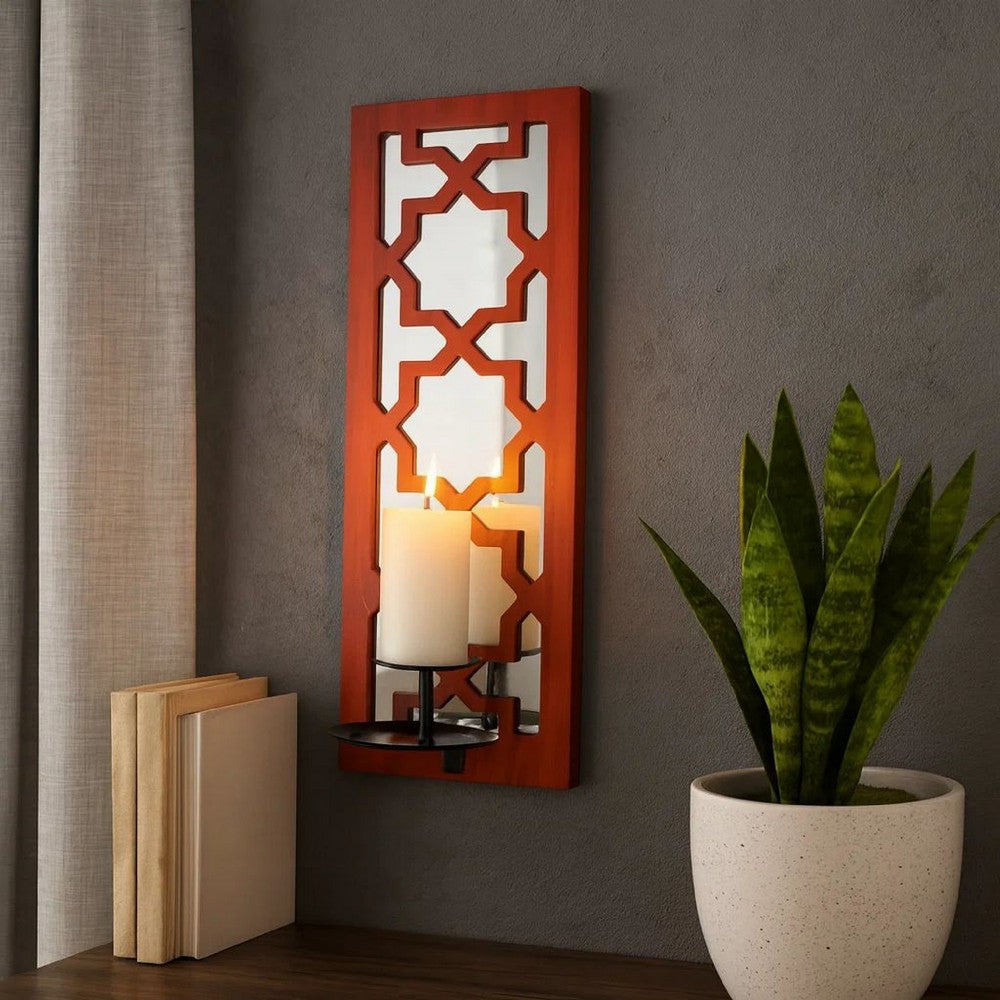 17 Inch Mirrored Wall Art, Candle Holder Sconce, Lattice Design, Red