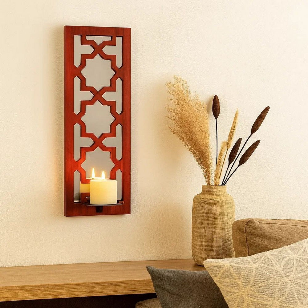 17 Inch Mirrored Wall Art, Candle Holder Sconce, Lattice Design, Red