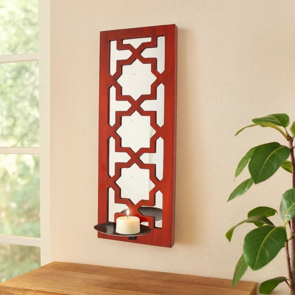 17 Inch Mirrored Wall Art, Candle Holder Sconce, Lattice Design, Red