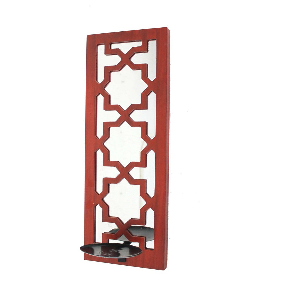 17 Inch Mirrored Wall Art, Candle Holder Sconce, Lattice Design, Red