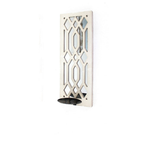 17 Inch Mirrored Wall Art, Candle Holder Sconce, Lattice Design, White