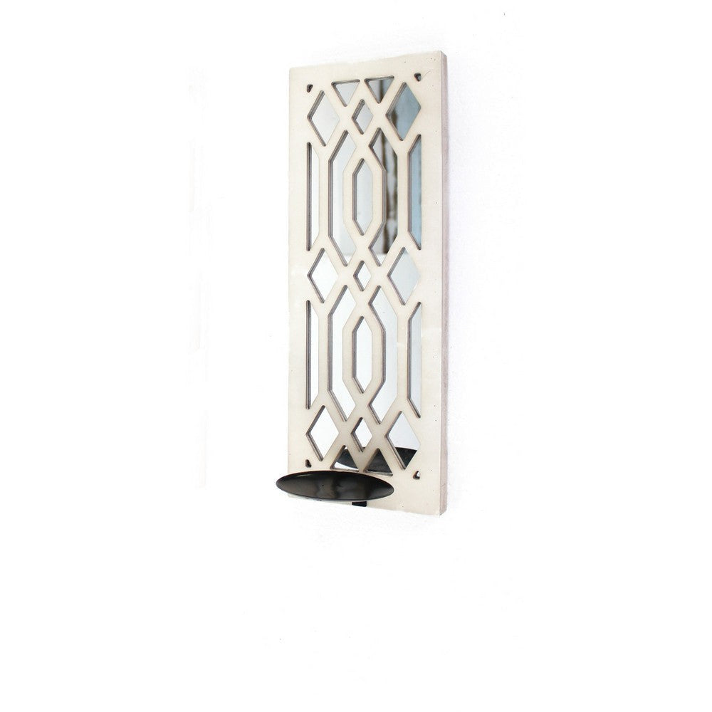 17 Inch Mirrored Wall Art, Candle Holder Sconce, Lattice Design, White