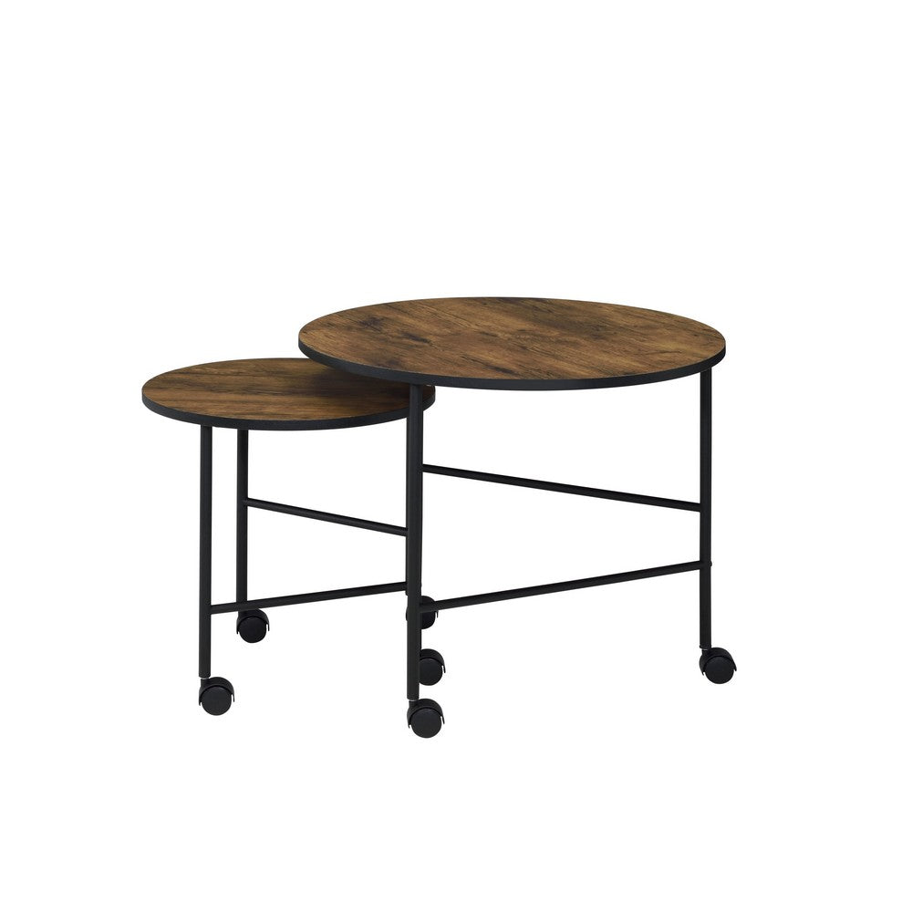End Table Set | Nesting | Round | 2 Piece | Casters | Oak Brown & Black BM211088