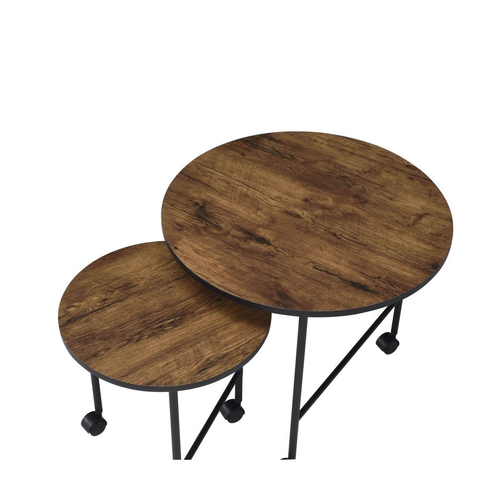 End Table Set | Nesting | Round | 2 Piece | Casters | Oak Brown & Black BM211088