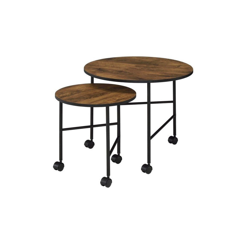 End Table Set | Nesting | Round | 2 Piece | Casters | Oak Brown & Black BM211088