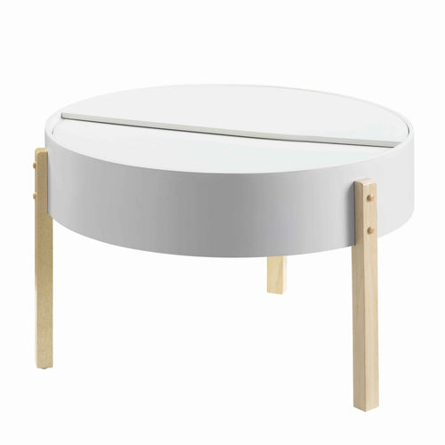 Round Wooden Coffee Table with Hidden Storage, White and Brown
