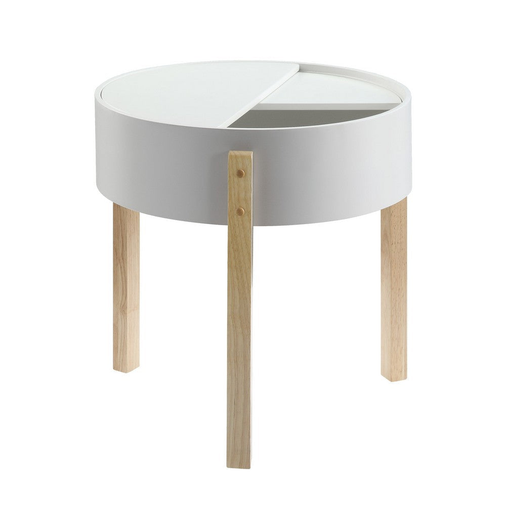 Round Wooden End Table with Hidden Storage White and Brown BM211090