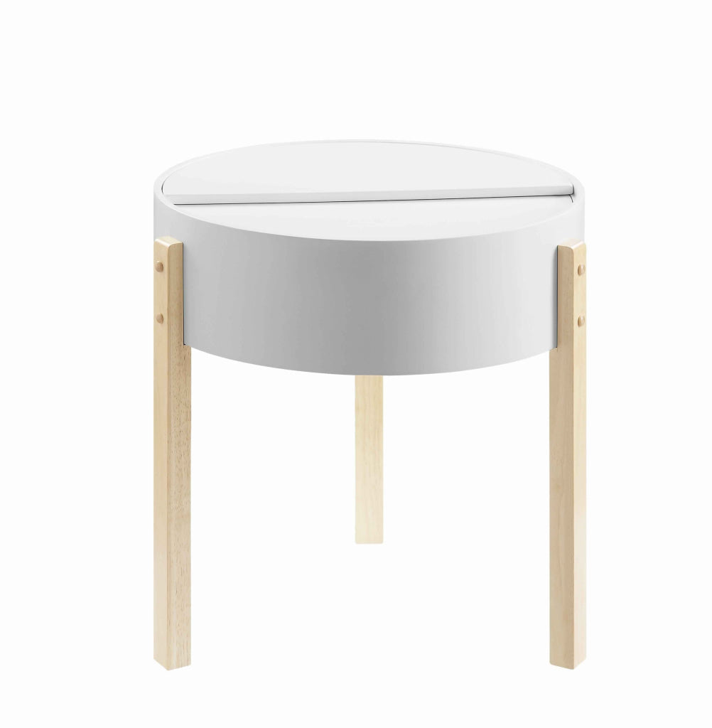 Round Wooden End Table with Hidden Storage, White and Brown