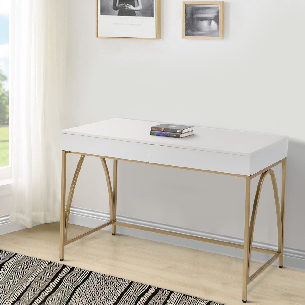47" 2 Drawer Wood Frame Desk With Metal Support, White and Gold By Casagear Home
