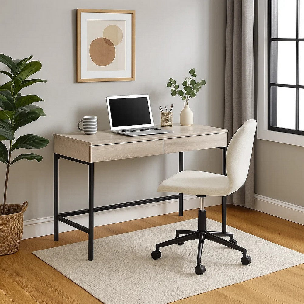42" 2 Drawer Metal Frame Wood Desk, Washed White and Black By Casagear Home