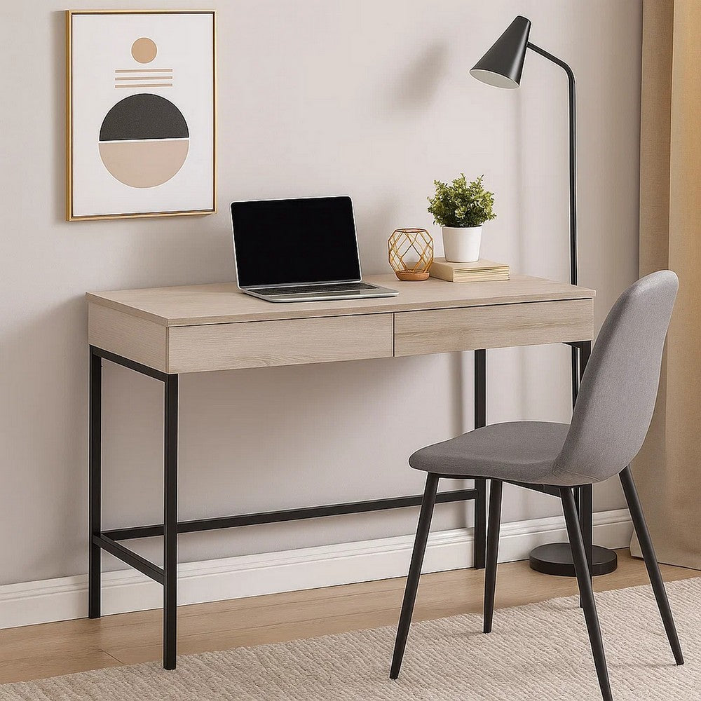 42" 2 Drawer Metal Frame Wood Desk, Washed White and Black By Casagear Home