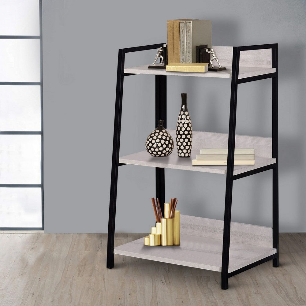 37" 3 Tier Wooden Bookshelf, Washed White and Black By Casagear Home