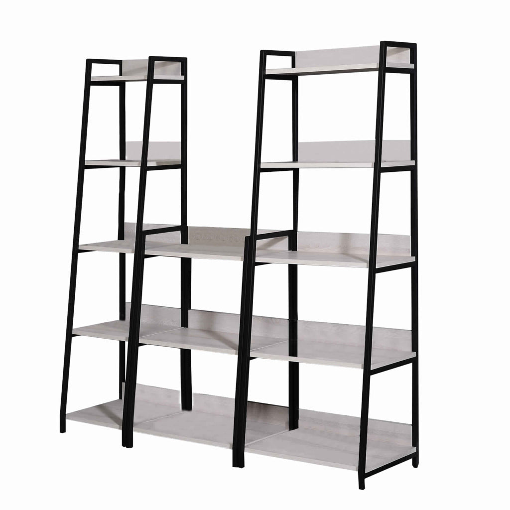 Wooden Bookshelf with 5 Open Compartments, Washed White and Black