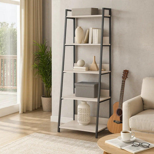 Wooden Bookshelf with 5 Open Compartments, Washed White and Black