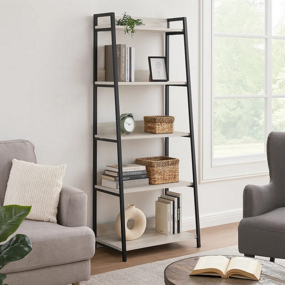 Wooden Frame Bookshelf with 5 Open Compartments, Washed White and Black