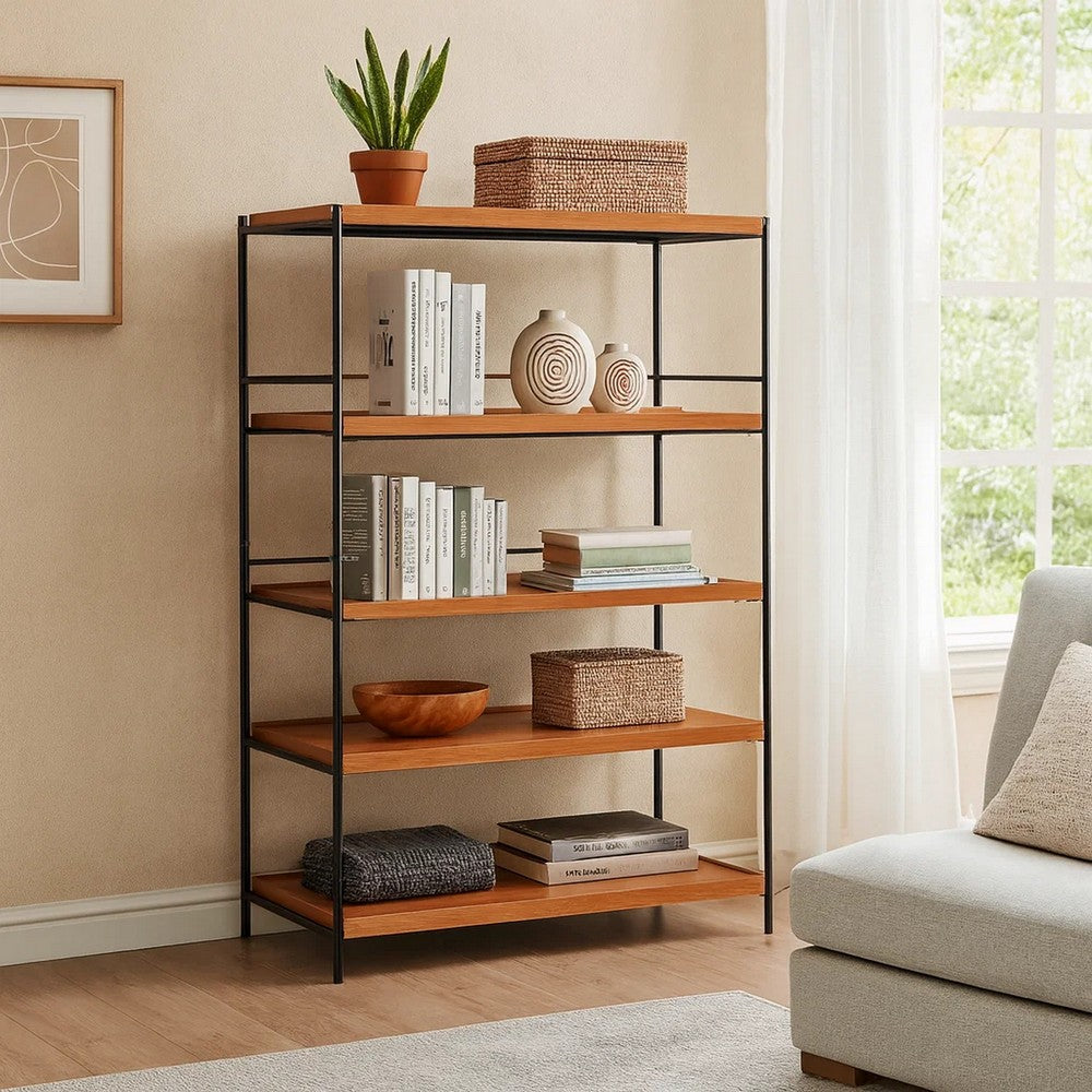5 Tier Wooden Bookshelf with Open Metal Frame, Oak Brown and Black