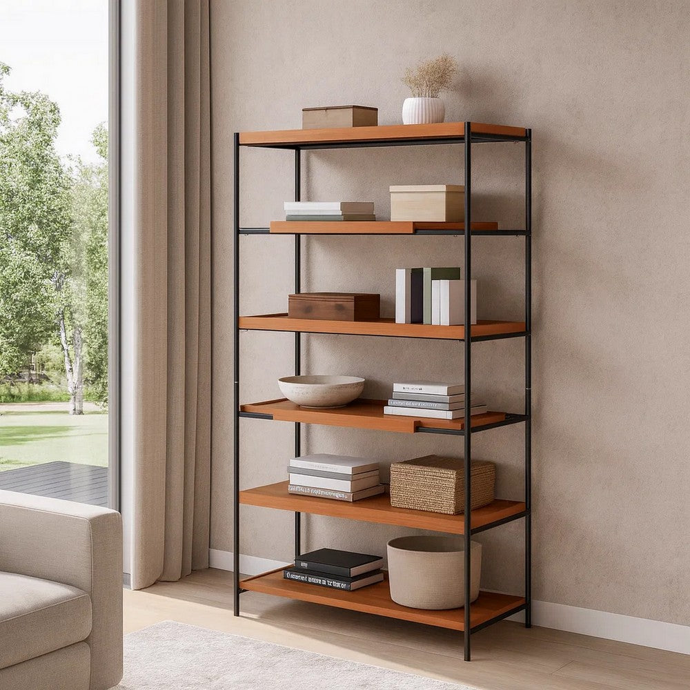 5 Tier Wooden Bookshelf with Open Metal Frame, Oak Brown and Black