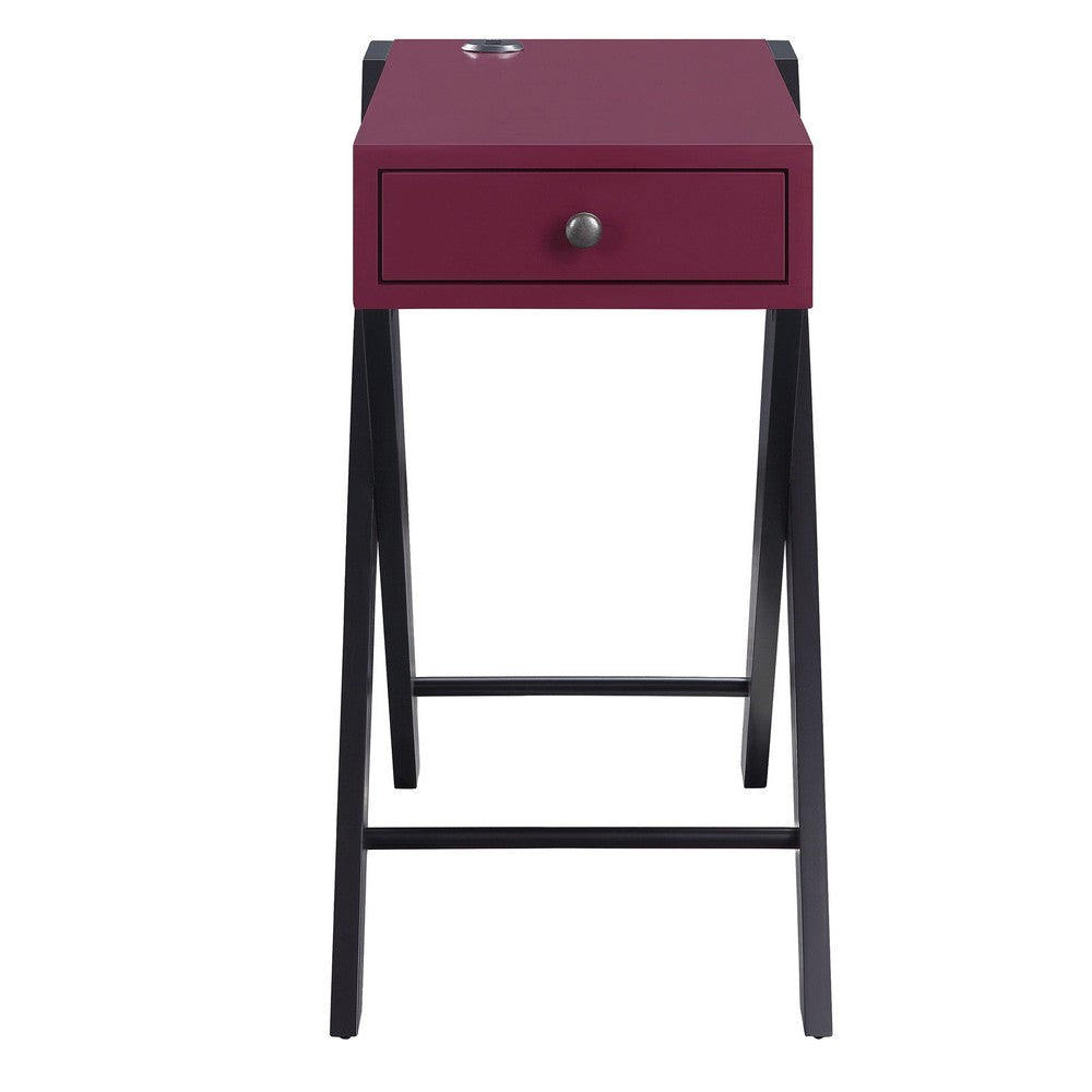 Wooden Frame Side Table with X Shaped Legs and 1 Drawer Purple and Black