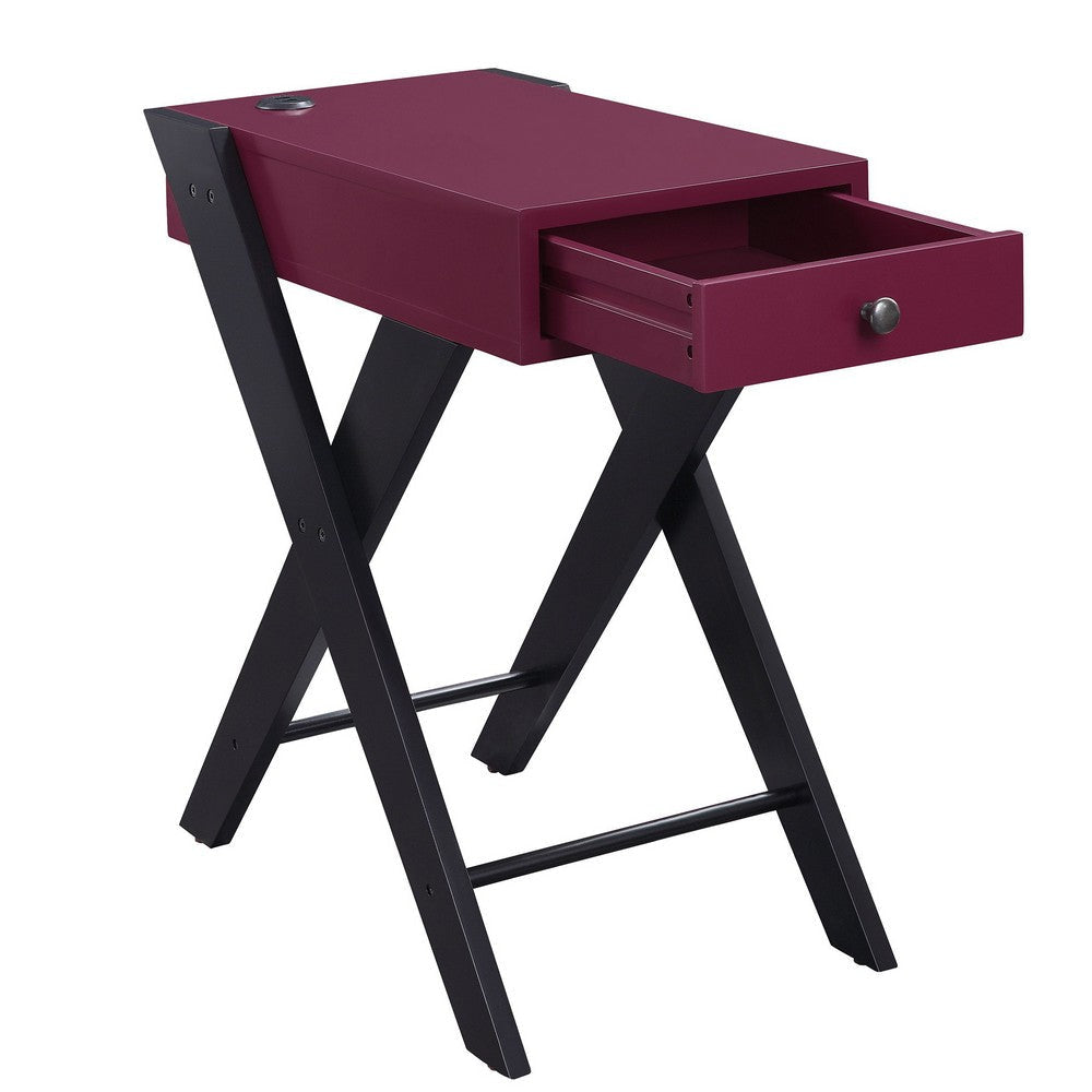 Wooden Frame Side Table with X Shaped Legs and 1 Drawer Purple and Black