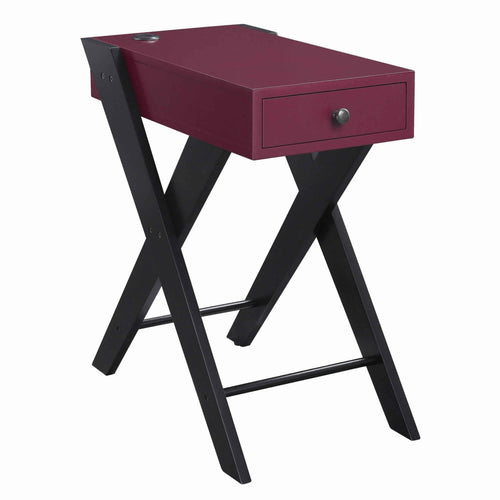 Wooden Frame Side Table with X Shaped Legs and 1 Drawer, Purple and Black