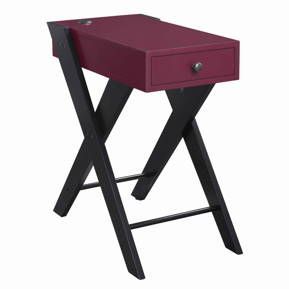 Wooden Frame Side Table with X Shaped Legs and 1 Drawer, Purple and Black