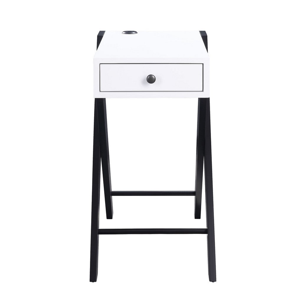 Wooden Frame Side Table with X Shaped Legs and 1 Drawer White and Black
