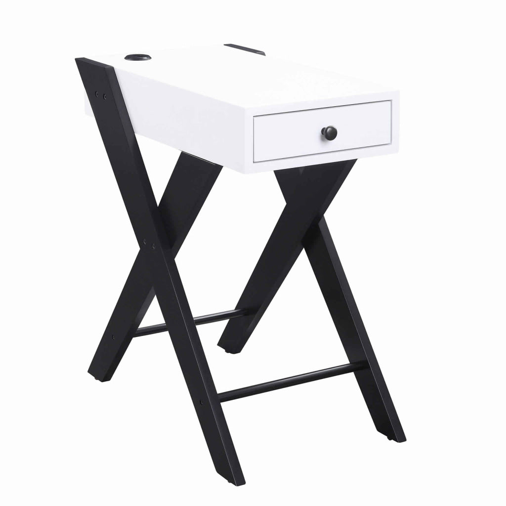 Wooden Frame Side Table with X Shaped Legs and 1 Drawer, White and Black