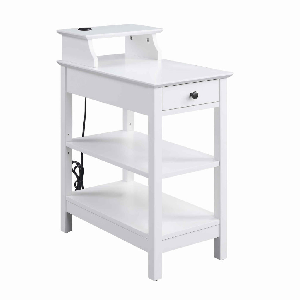 Wooden Frame Side Table with 3 Open Compartments and 1 Drawer, White