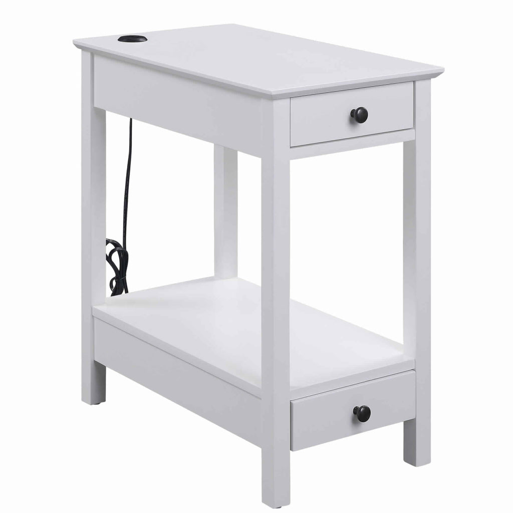 Wooden Frame Side Table with 2 Drawers and 1 Bottom Shelf, White