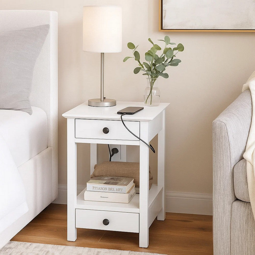Wooden Frame Side Table with 2 Drawers and 1 Bottom Shelf, White