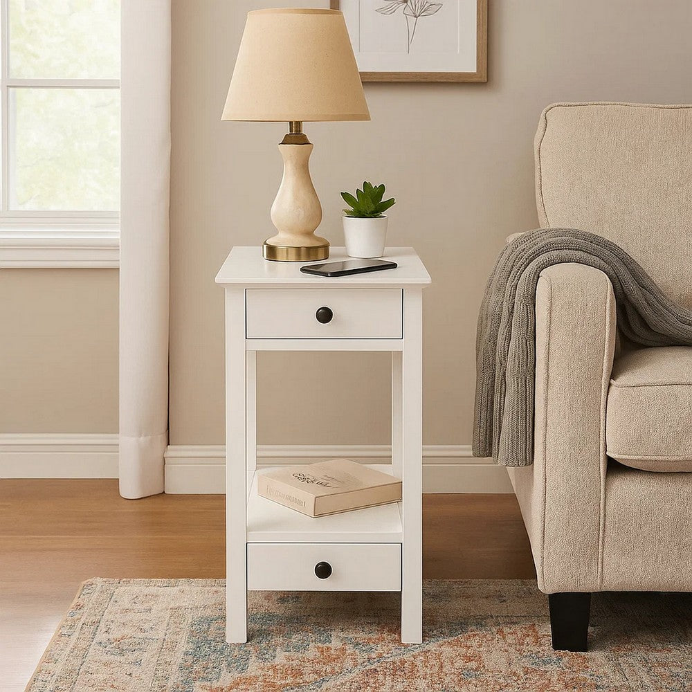 Wooden Frame Side Table with 2 Drawers and 1 Bottom Shelf, White