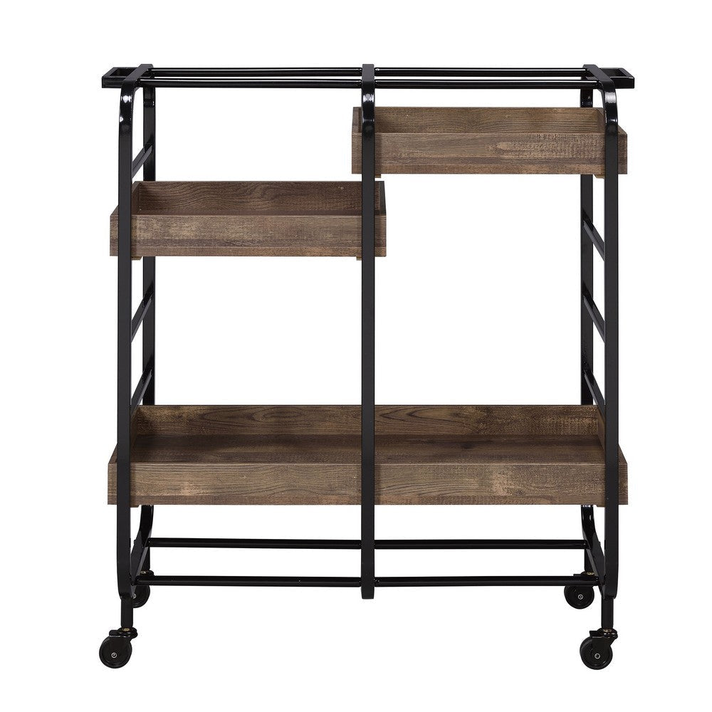 Metal Frame Serving Cart with 3 Open Storage and Casters Brown and Black BM211118