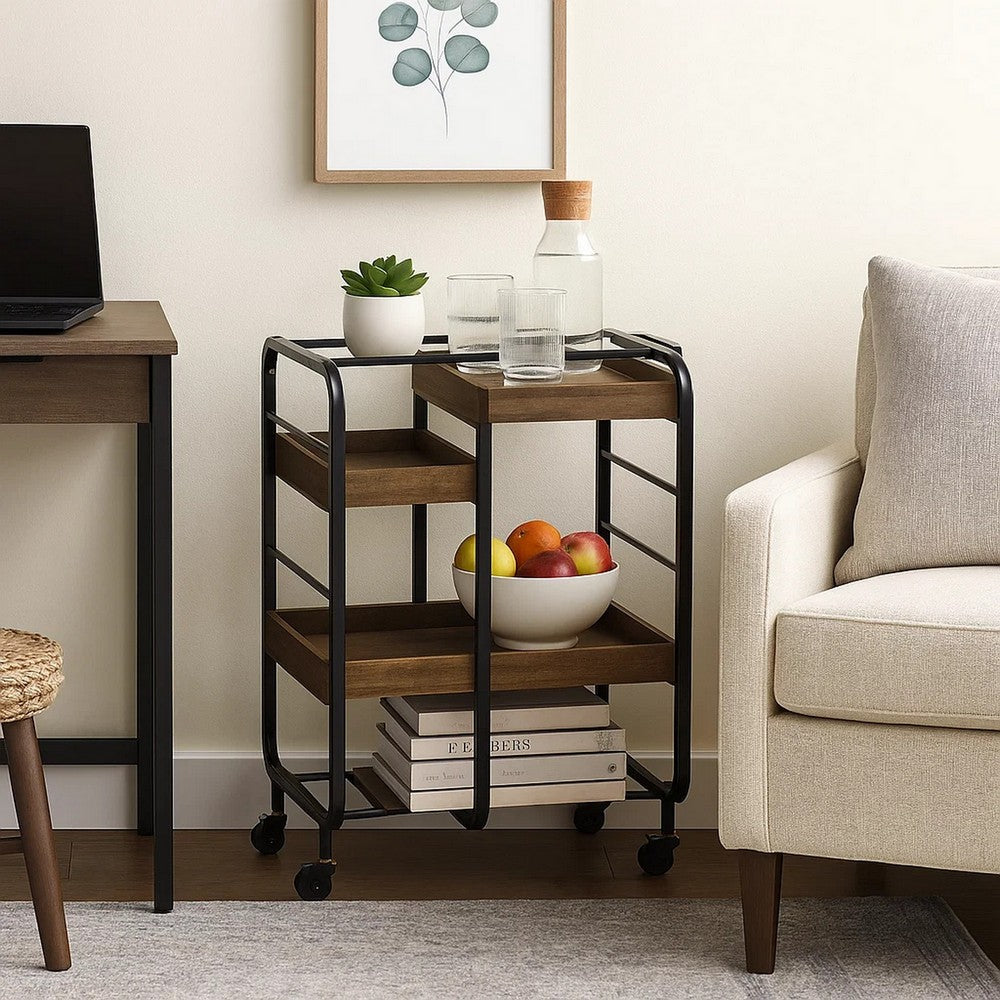 Metal Frame Serving Cart with 3 Open Storage and Casters, Brown and Black